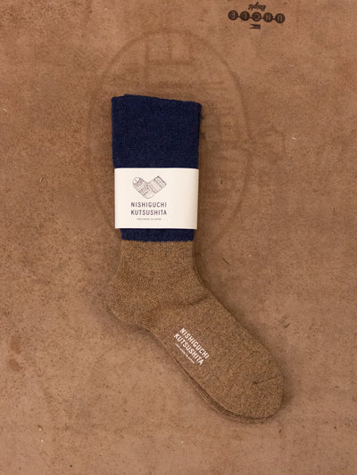 Nishiguchi Kutsushita, Mohair Wool Pile Sock, Navy/ Brown
