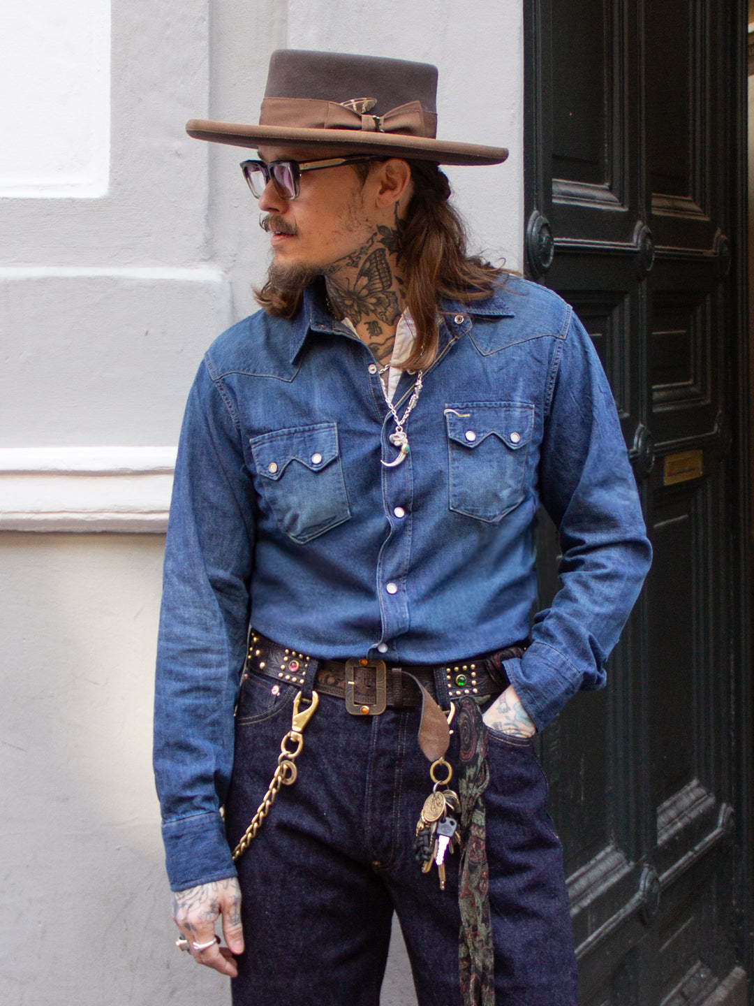 Sugar Cane, Blue Denim Western Shirt Aged Model, Lot No. SC29684
