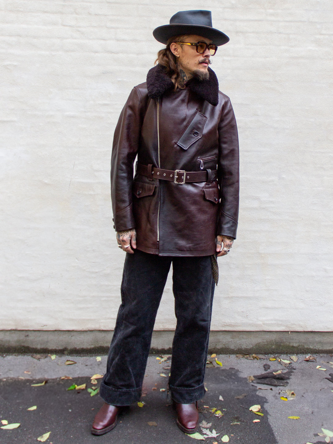 Y'2, YK-05 40's German Motorcycle Belted Half Jacket, Black/ Brown