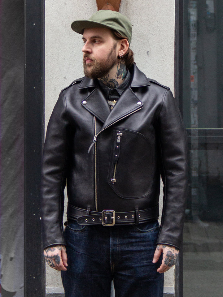 Y'2, Y2-02 1930's Double Motorcycle Jacket, Black Eco Horse