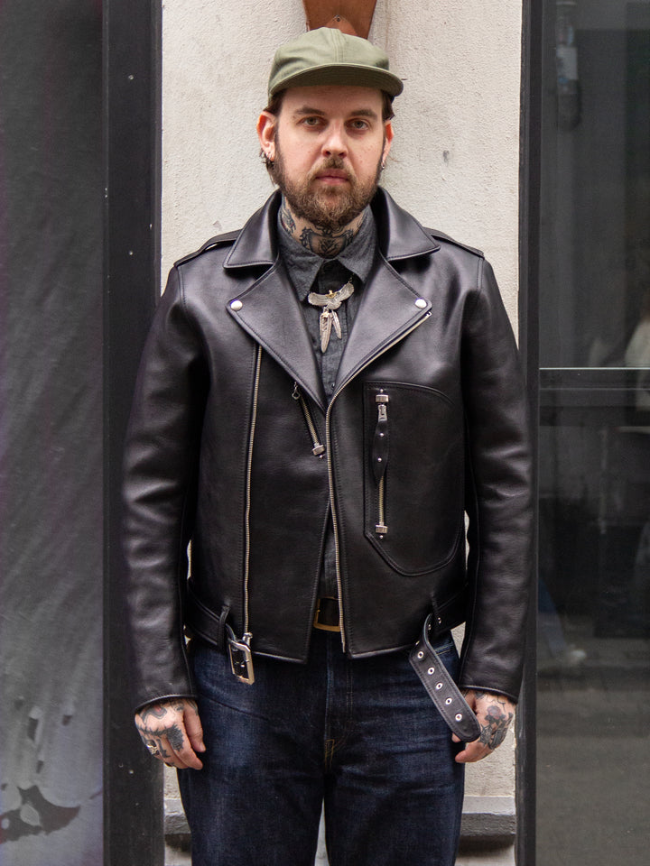 Y'2, Y2-02 1930's Double Motorcycle Jacket, Black Eco Horse