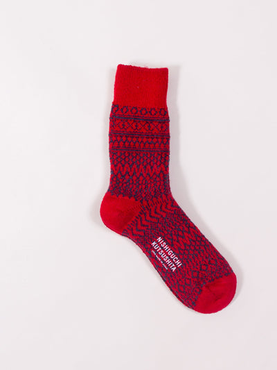 Nishiguchi Kutsushita, Wool Jacquard Socks, Red